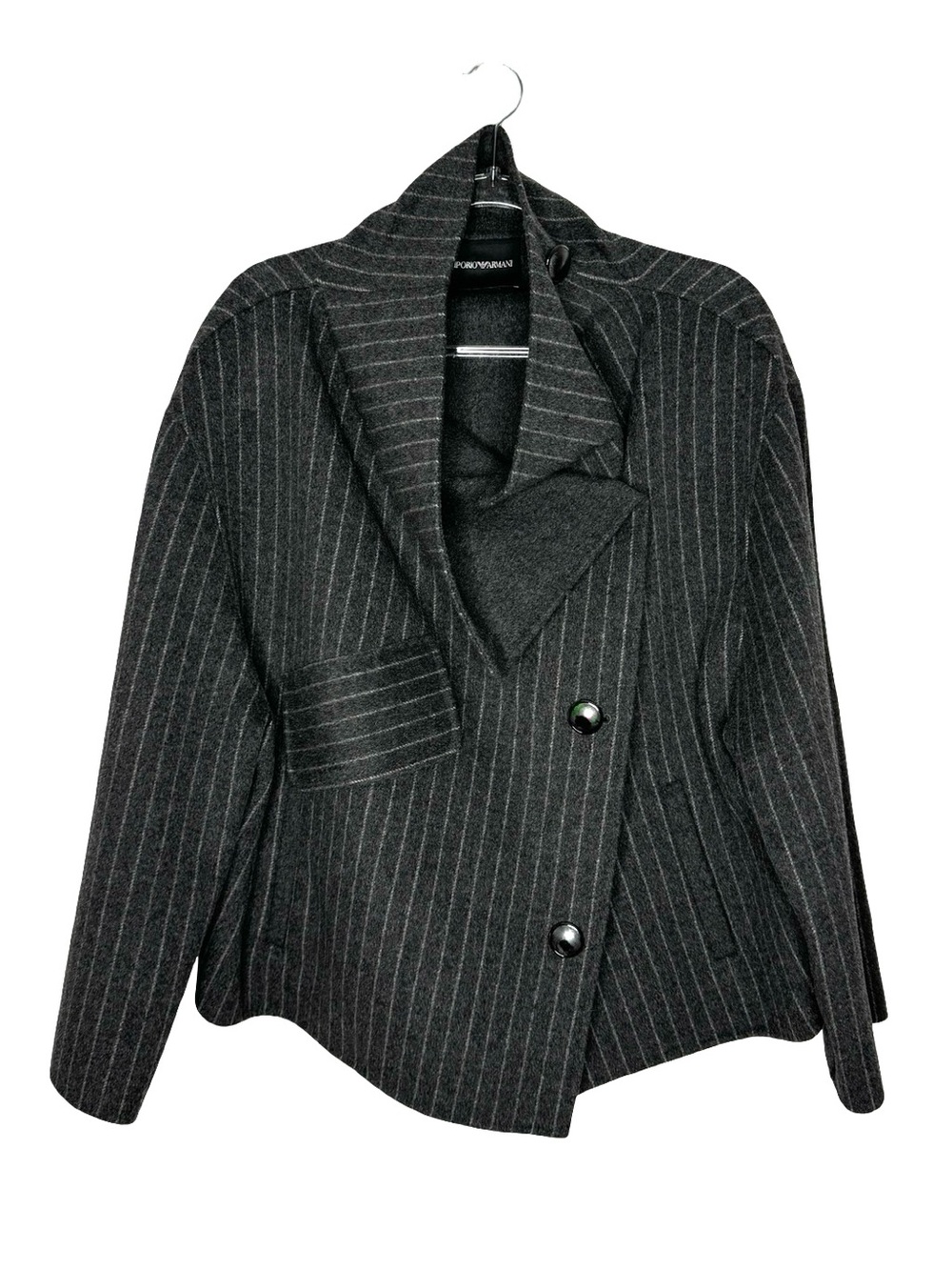 Emporio Armani | Double-Faced Wool Pinstripe Crop Asymmetrical Funnel Jacket US6